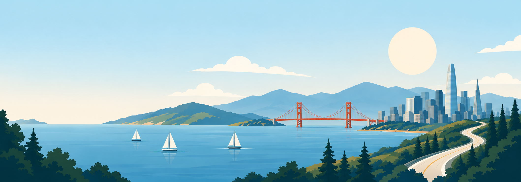 A bright morning over a bay, with sailboats out on the water and a bridge in the distance.